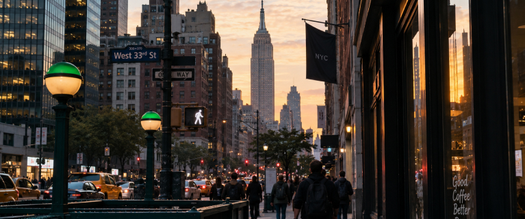 New York: Times Square, a flag billboard, and the Empire State Building