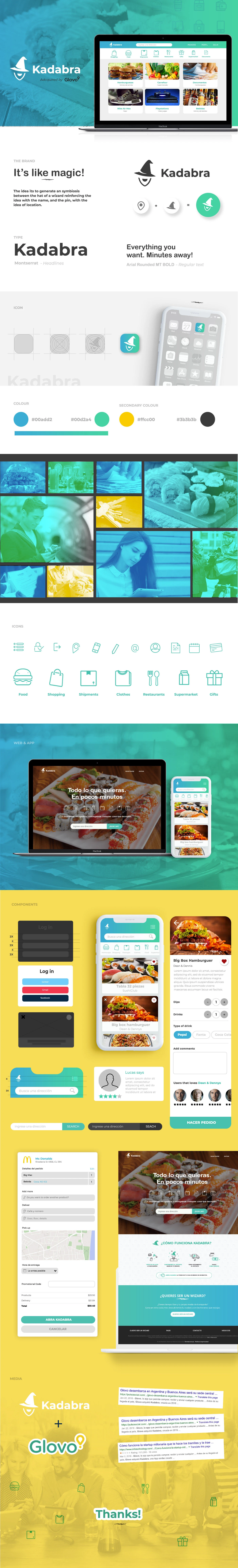 Kadabra case study: logo, teal and yellow brand system, desktop and mobile delivery UI, category icons, and photography treatments.